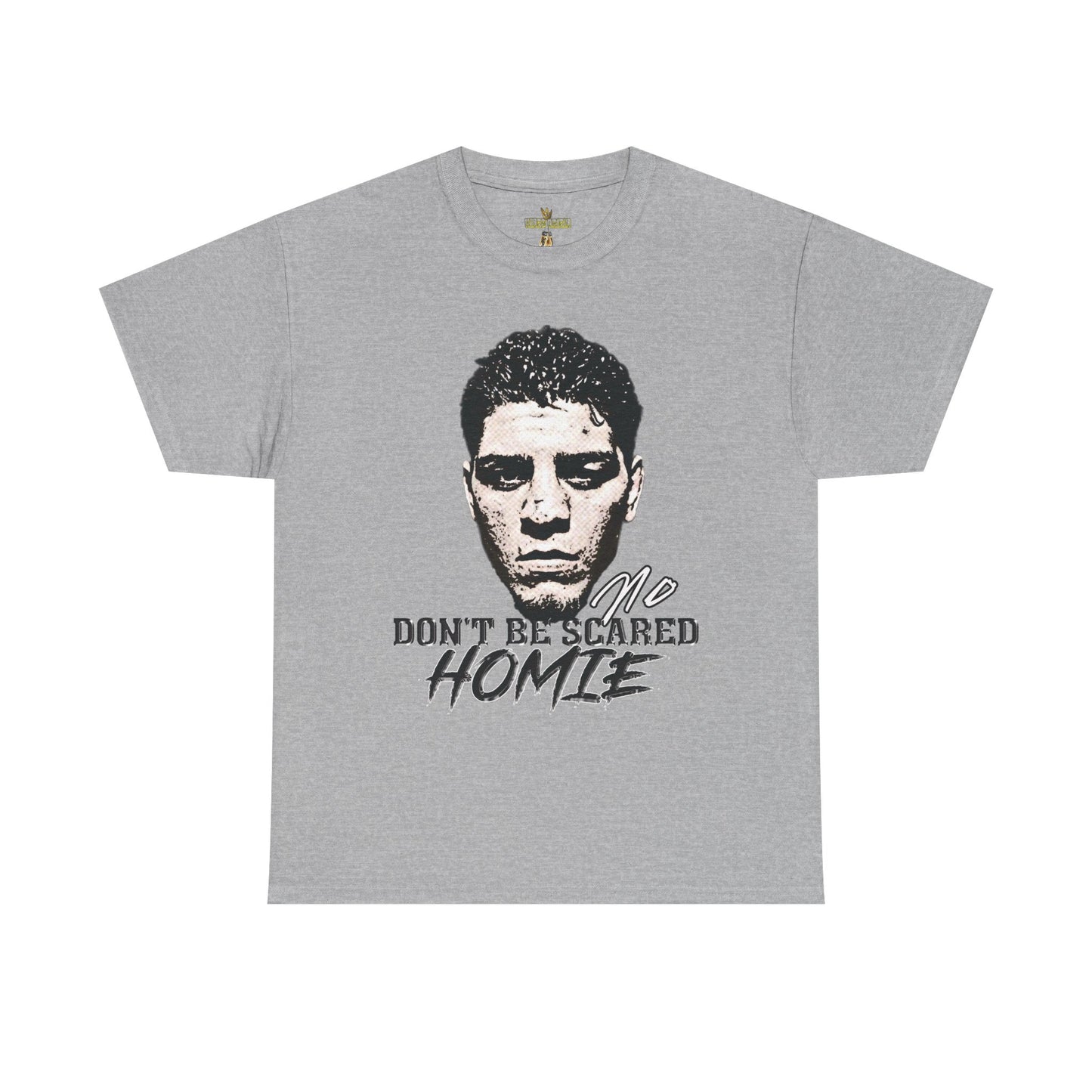 Front view image: Alt text: Front view of the Kings Origin Nick Diaz “Don’t Be Scared Homie” heavyweight black t-shirt.
Detail image: Alt text: Close-up of the big-face graphic on the Kings Origin Nick Diaz t-shirt.
Model image: Alt text: Male model wearing the Kings Origin Nick Diaz t-shirt.
