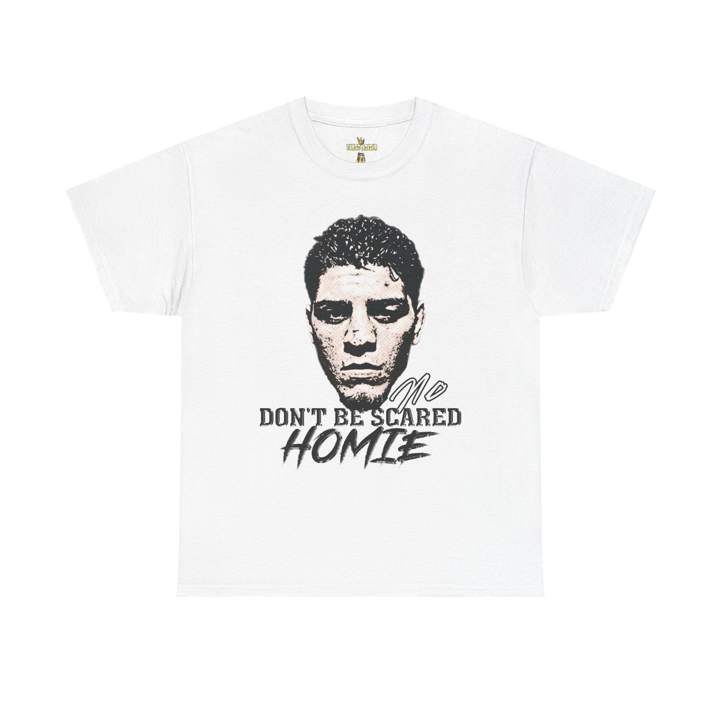Front view image: Alt text: Front view of the Kings Origin Nick Diaz “Don’t Be Scared Homie” heavyweight black t-shirt.
Detail image: Alt text: Close-up of the big-face graphic on the Kings Origin Nick Diaz t-shirt.
Model image: Alt text: Male model wearing the Kings Origin Nick Diaz t-shirt.