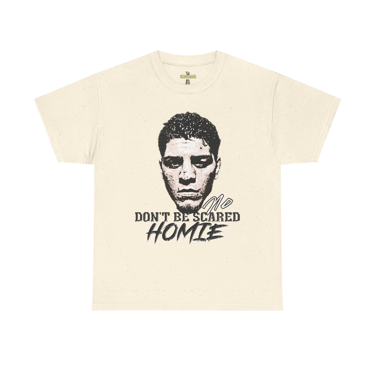 Front view image: Alt text: Front view of the Kings Origin Nick Diaz “Don’t Be Scared Homie” heavyweight black t-shirt.
Detail image: Alt text: Close-up of the big-face graphic on the Kings Origin Nick Diaz t-shirt.
Model image: Alt text: Male model wearing the Kings Origin Nick Diaz t-shirt.