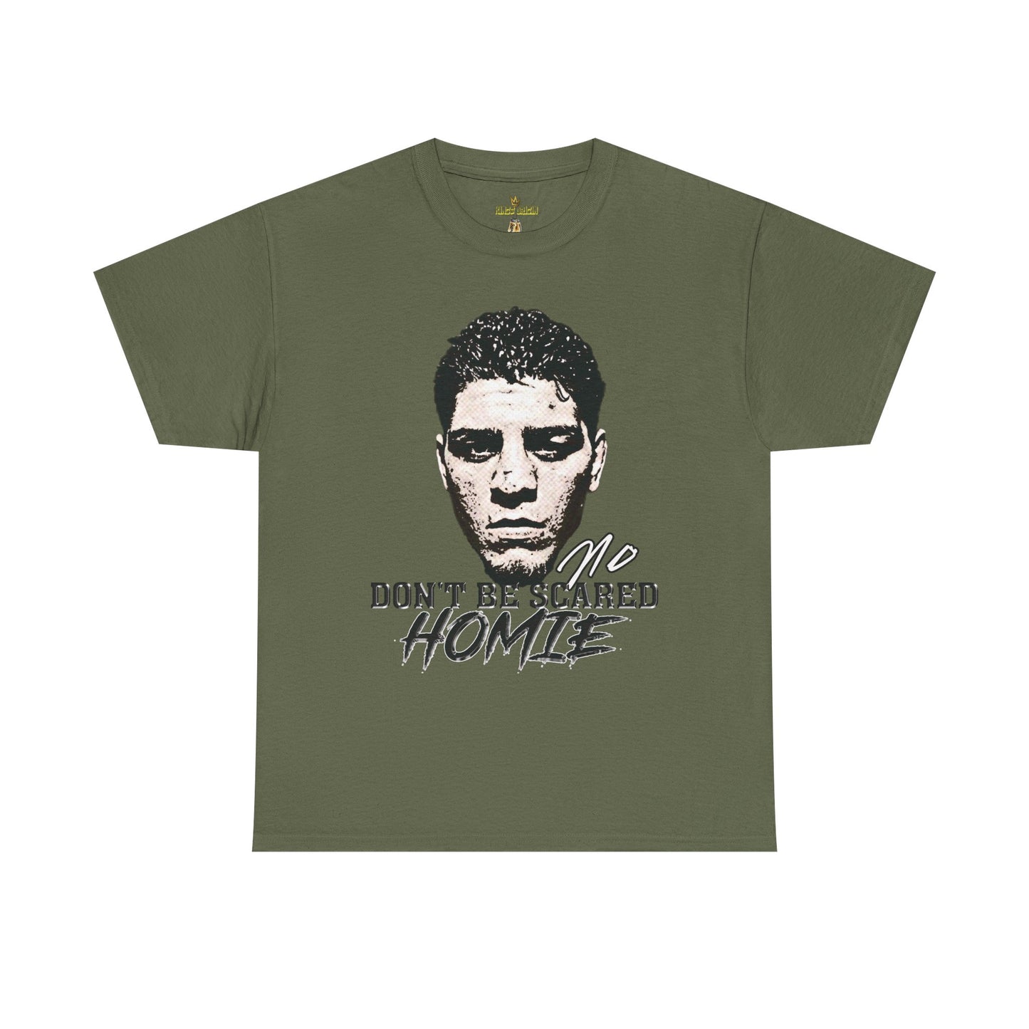 Front view image: Alt text: Front view of the Kings Origin Nick Diaz “Don’t Be Scared Homie” heavyweight black t-shirt.
Detail image: Alt text: Close-up of the big-face graphic on the Kings Origin Nick Diaz t-shirt.
Model image: Alt text: Male model wearing the Kings Origin Nick Diaz t-shirt.