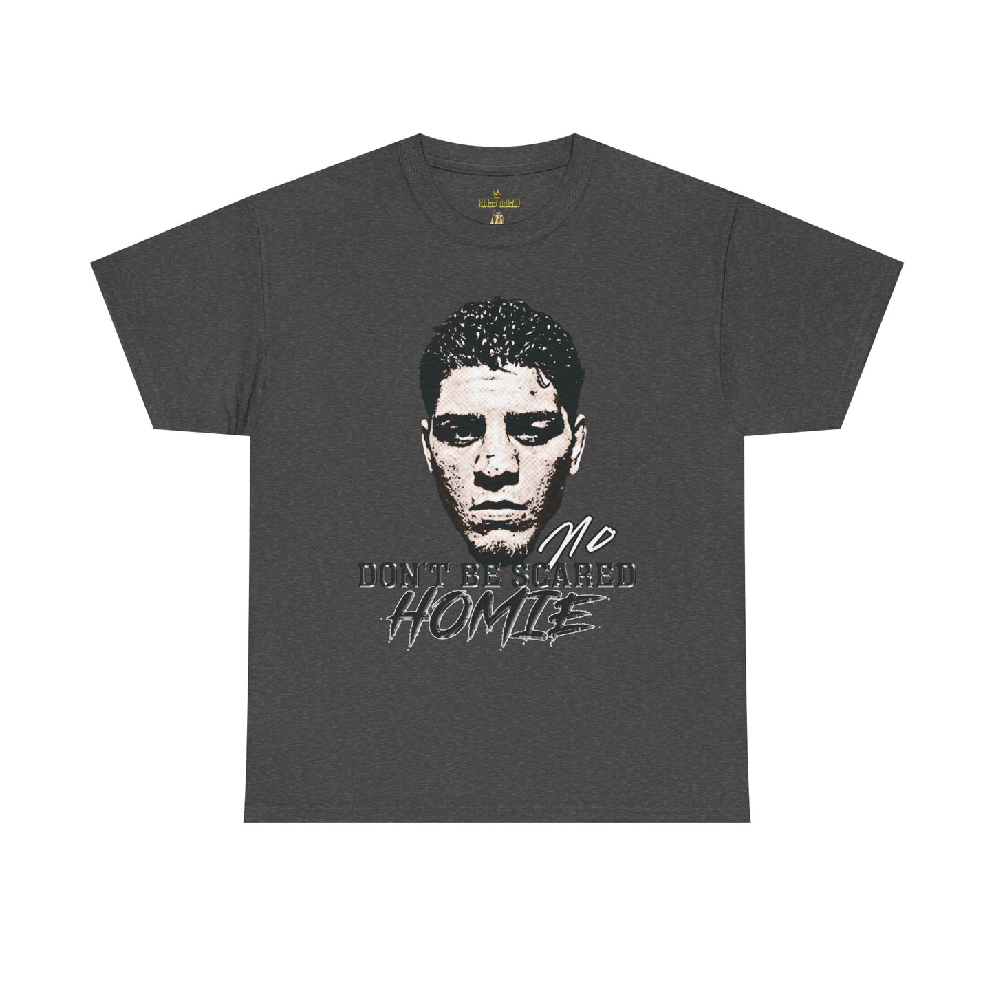 Front view image: Alt text: Front view of the Kings Origin Nick Diaz “Don’t Be Scared Homie” heavyweight black t-shirt.
Detail image: Alt text: Close-up of the big-face graphic on the Kings Origin Nick Diaz t-shirt.
Model image: Alt text: Male model wearing the Kings Origin Nick Diaz t-shirt.