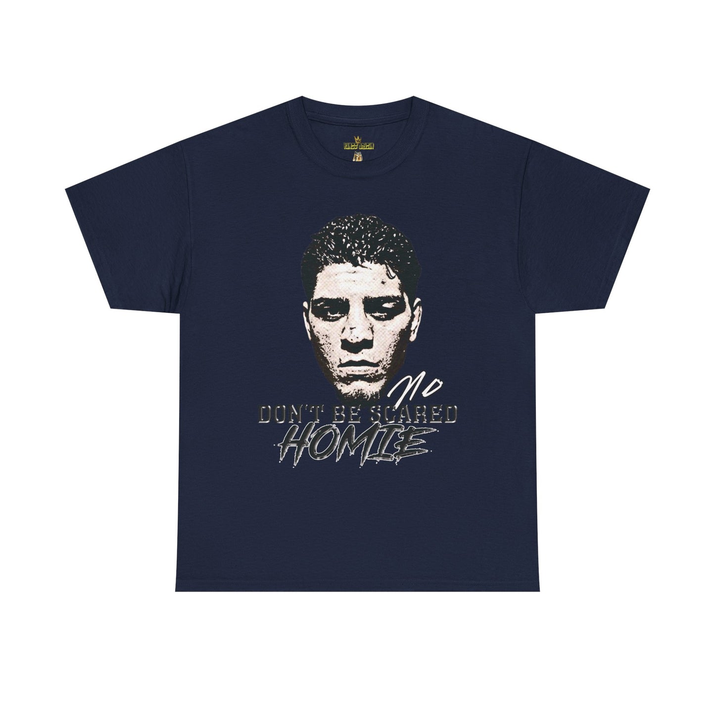 Front view image: Alt text: Front view of the Kings Origin Nick Diaz “Don’t Be Scared Homie” heavyweight black t-shirt.
Detail image: Alt text: Close-up of the big-face graphic on the Kings Origin Nick Diaz t-shirt.
Model image: Alt text: Male model wearing the Kings Origin Nick Diaz t-shirt.