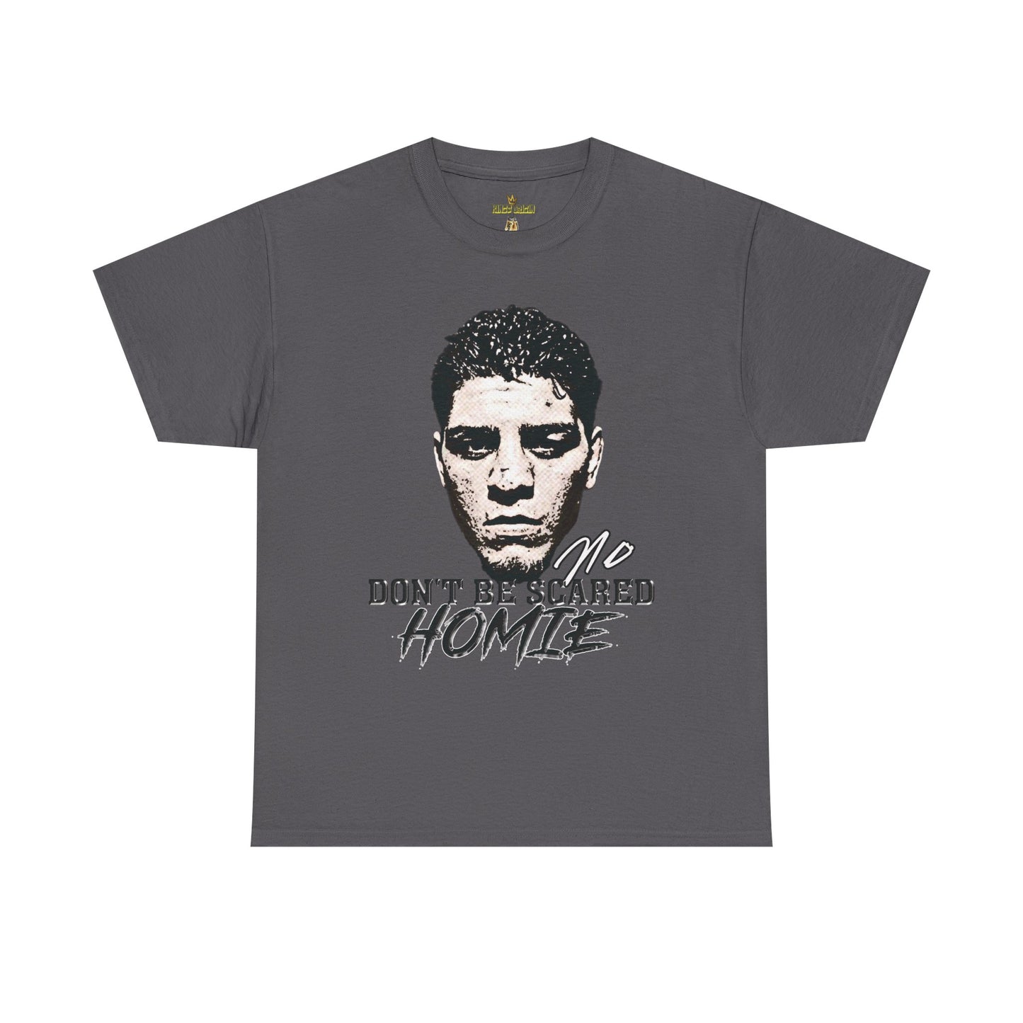 Front view image: Alt text: Front view of the Kings Origin Nick Diaz “Don’t Be Scared Homie” heavyweight black t-shirt.
Detail image: Alt text: Close-up of the big-face graphic on the Kings Origin Nick Diaz t-shirt.
Model image: Alt text: Male model wearing the Kings Origin Nick Diaz t-shirt.