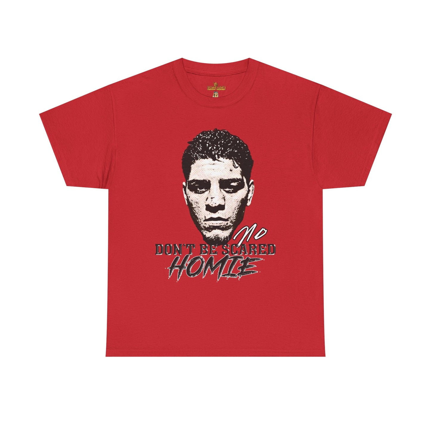 Front view image: Alt text: Front view of the Kings Origin Nick Diaz “Don’t Be Scared Homie” heavyweight black t-shirt.
Detail image: Alt text: Close-up of the big-face graphic on the Kings Origin Nick Diaz t-shirt.
Model image: Alt text: Male model wearing the Kings Origin Nick Diaz t-shirt.