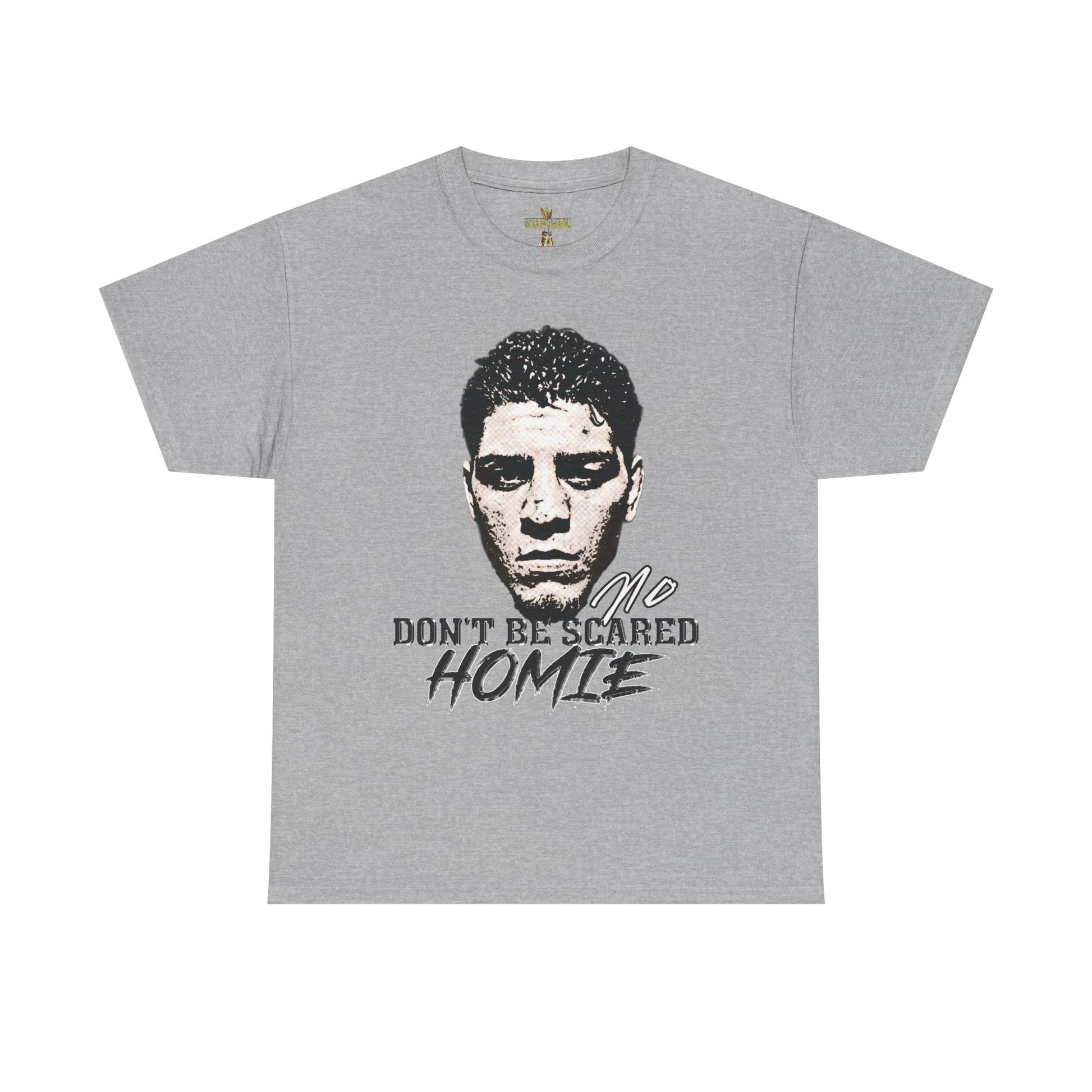 Front view image: Alt text: Front view of the Kings Origin Nick Diaz “Don’t Be Scared Homie” heavyweight black t-shirt.

Detail image: Alt text: Close-up of the big-face graphic on the Kings Origin Nick Diaz t-shirt.

Model image: Alt text: Male model wearing the Kings Origin Nick Diaz t-shirt.
