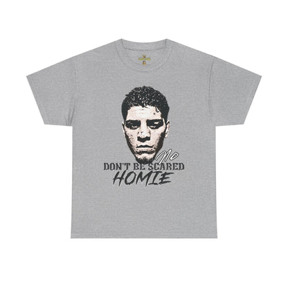 Front view image: Alt text: Front view of the Kings Origin Nick Diaz “Don’t Be Scared Homie” heavyweight black t-shirt.

Detail image: Alt text: Close-up of the big-face graphic on the Kings Origin Nick Diaz t-shirt.

Model image: Alt text: Male model wearing the Kings Origin Nick Diaz t-shirt.