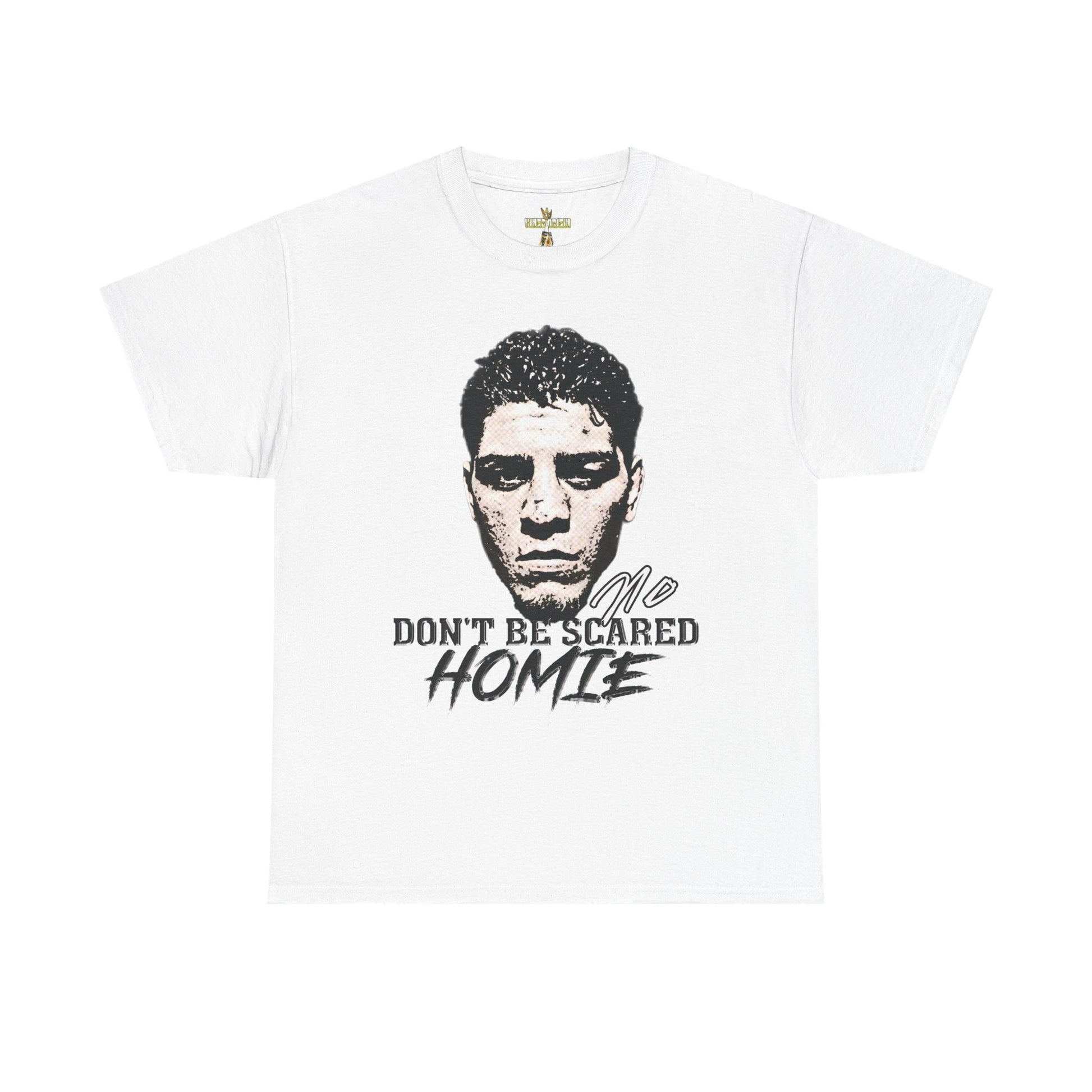 Front view image: Alt text: Front view of the Kings Origin Nick Diaz “Don’t Be Scared Homie” heavyweight black t-shirt.

Detail image: Alt text: Close-up of the big-face graphic on the Kings Origin Nick Diaz t-shirt.

Model image: Alt text: Male model wearing the Kings Origin Nick Diaz t-shirt.