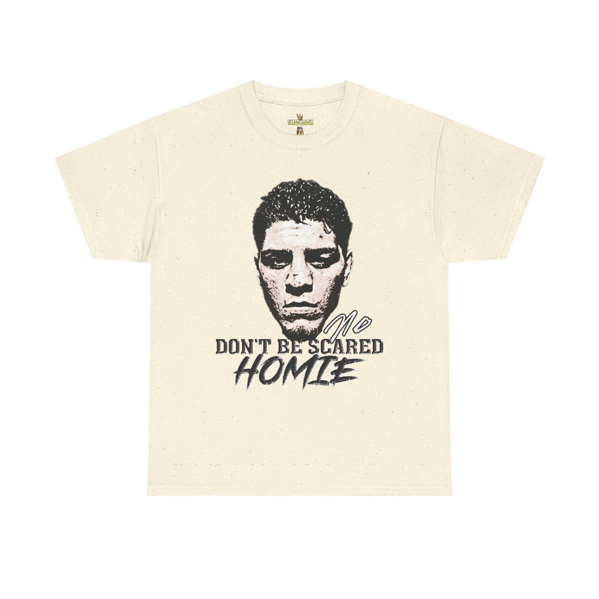 Front view image: Alt text: Front view of the Kings Origin Nick Diaz “Don’t Be Scared Homie” heavyweight black t-shirt.

Detail image: Alt text: Close-up of the big-face graphic on the Kings Origin Nick Diaz t-shirt.

Model image: Alt text: Male model wearing the Kings Origin Nick Diaz t-shirt.
