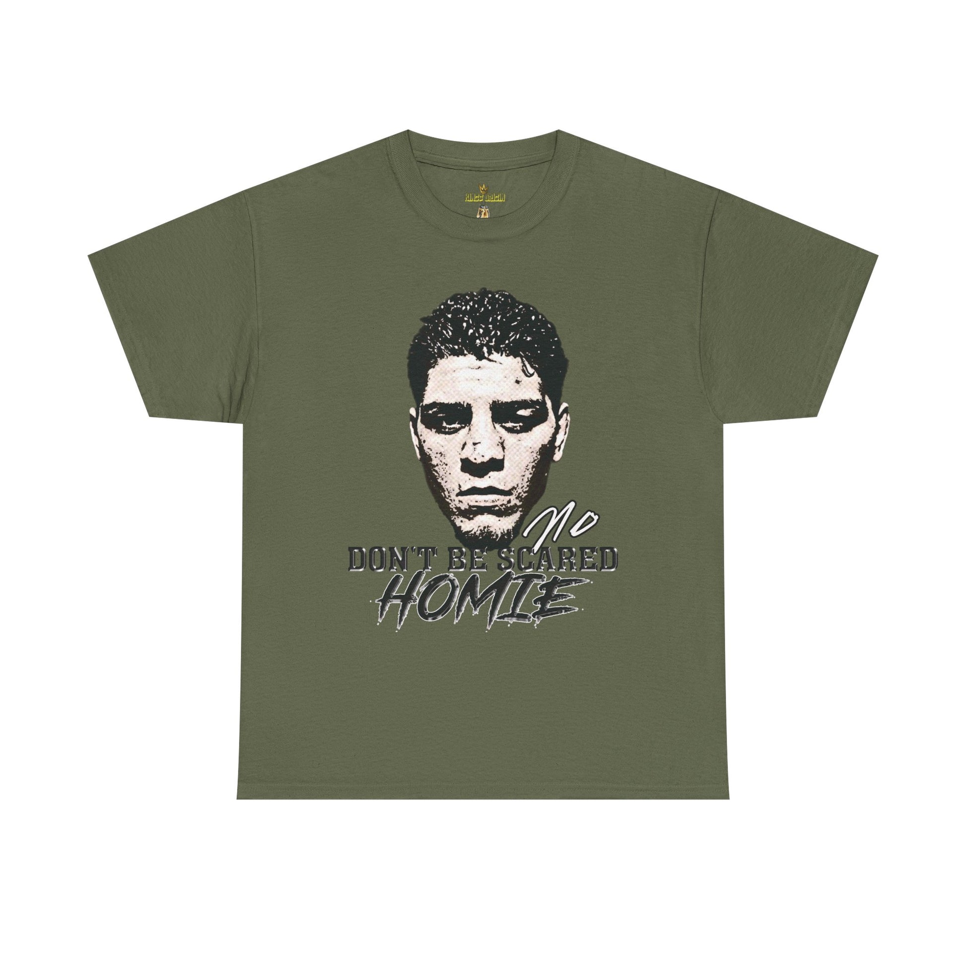 Front view image: Alt text: Front view of the Kings Origin Nick Diaz “Don’t Be Scared Homie” heavyweight black t-shirt.

Detail image: Alt text: Close-up of the big-face graphic on the Kings Origin Nick Diaz t-shirt.

Model image: Alt text: Male model wearing the Kings Origin Nick Diaz t-shirt.