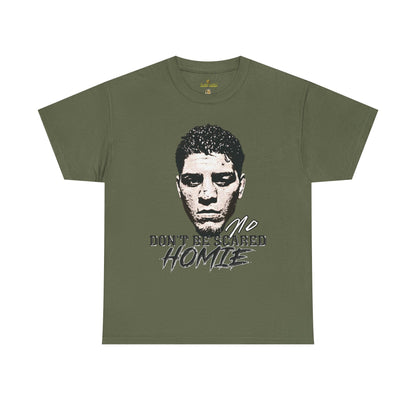 Front view image: Alt text: Front view of the Kings Origin Nick Diaz “Don’t Be Scared Homie” heavyweight black t-shirt.

Detail image: Alt text: Close-up of the big-face graphic on the Kings Origin Nick Diaz t-shirt.

Model image: Alt text: Male model wearing the Kings Origin Nick Diaz t-shirt.
