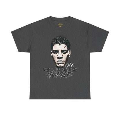Front view image: Alt text: Front view of the Kings Origin Nick Diaz “Don’t Be Scared Homie” heavyweight black t-shirt.

Detail image: Alt text: Close-up of the big-face graphic on the Kings Origin Nick Diaz t-shirt.

Model image: Alt text: Male model wearing the Kings Origin Nick Diaz t-shirt.