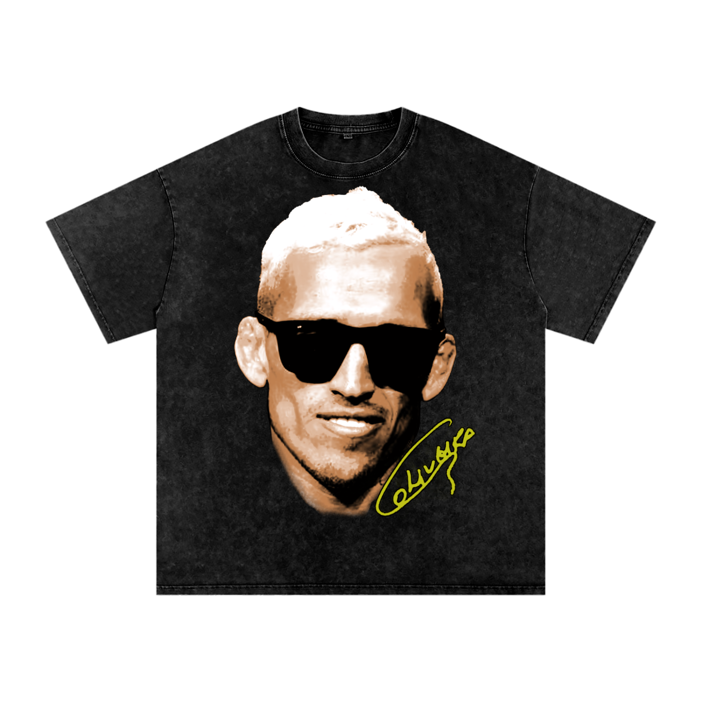 Black t-shirt with a graphic of Charles Oliveira wearing sunglasses and a signature, on a white background