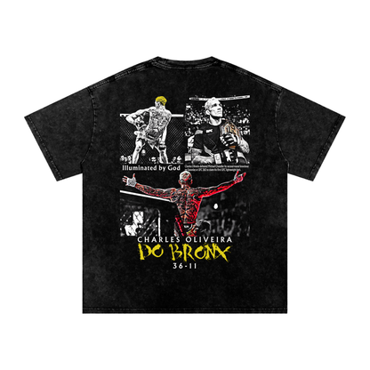 Black t-shirt with graphic designs and text on a white background