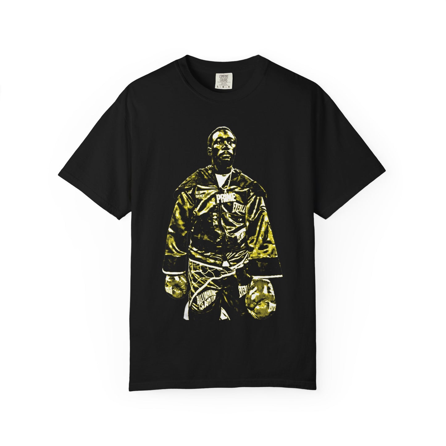 Premium black cotton t-shirt featuring Terence "Bud" Crawford in championship boxing stance with gold and black graphic design. Undisputed welterweight champion merchandise showing Crawford in Everlast gloves and champion robe. High-quality screen printed boxing apparel for combat sports fans.