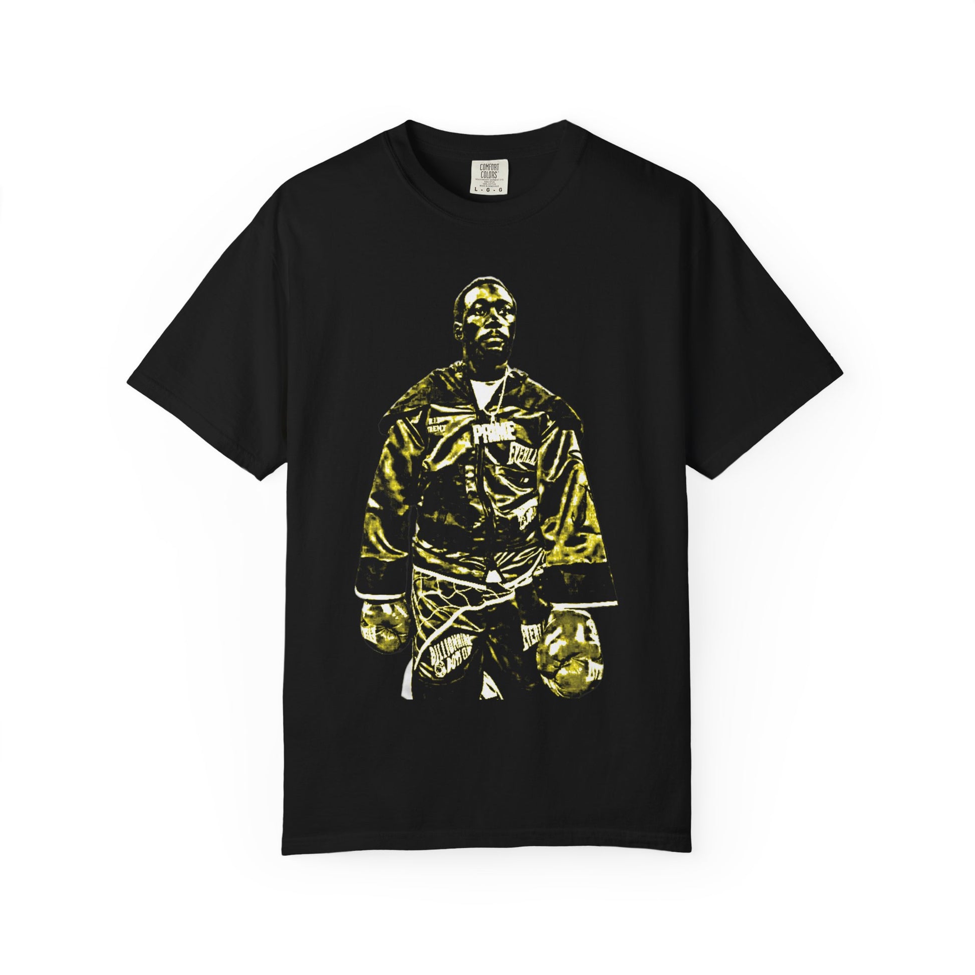 Premium black cotton t-shirt featuring Terence "Bud" Crawford in championship boxing stance with gold and black graphic design. Undisputed welterweight champion merchandise showing Crawford in Everlast gloves and champion robe. High-quality screen printed boxing apparel for combat sports fans.