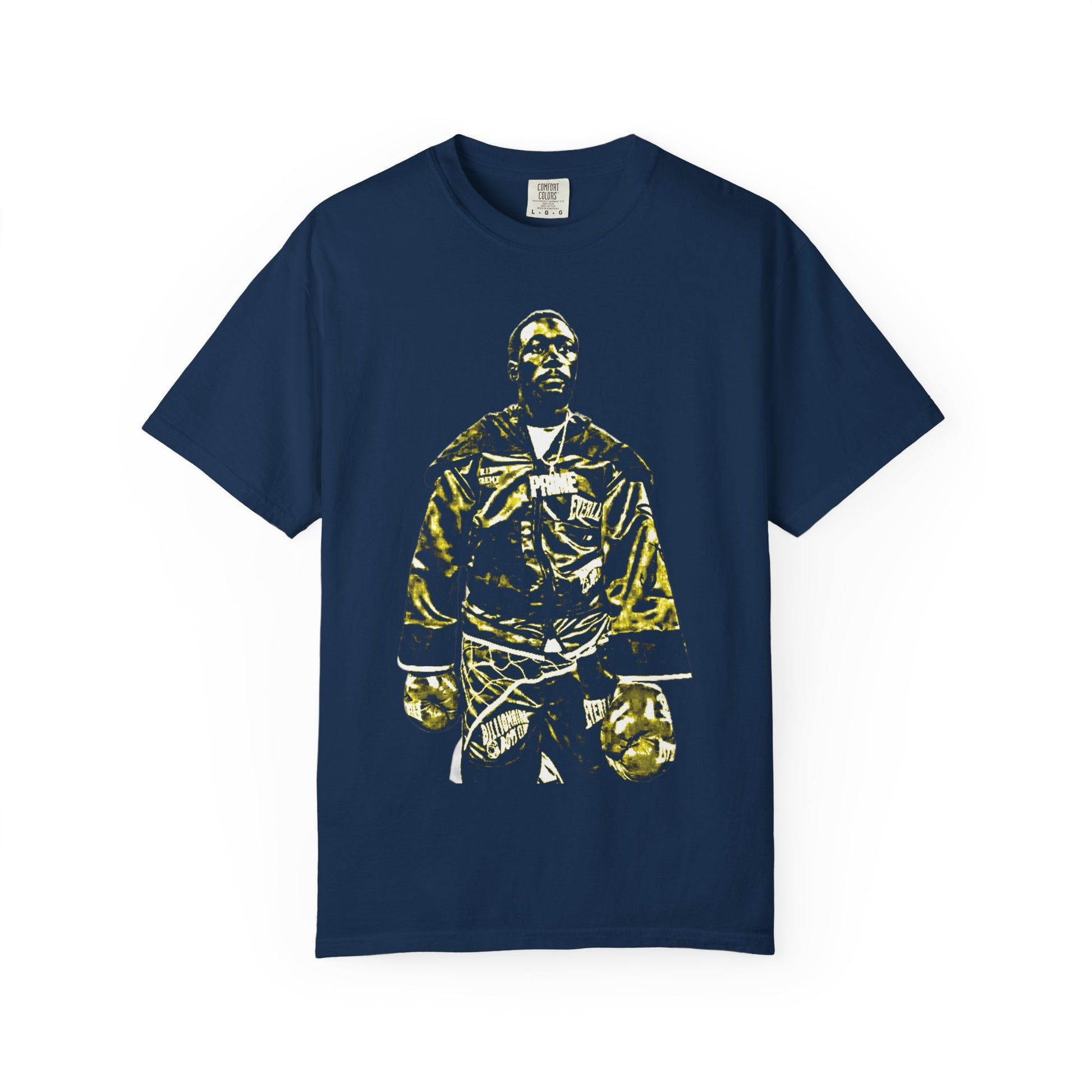Premium blue cotton t-shirt featuring Terence "Bud" Crawford in championship boxing stance with gold and black graphic design. Undisputed welterweight champion merchandise showing Crawford in Everlast gloves and champion robe. High-quality screen printed boxing apparel for combat sports fans.