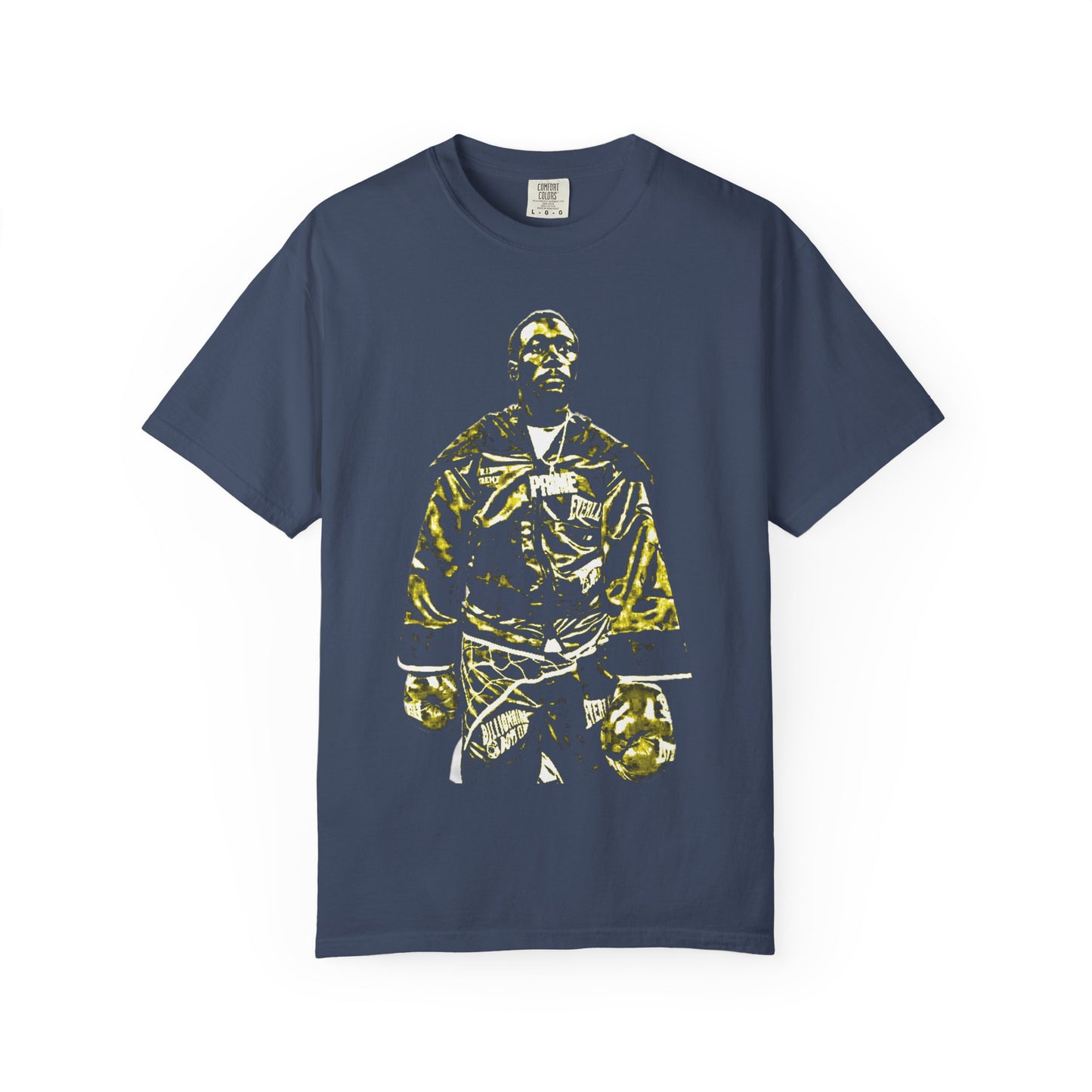 Premium Navy Blue cotton t-shirt featuring Terence "Bud" Crawford in championship boxing stance with gold and black graphic design. Undisputed welterweight champion merchandise showing Crawford in Everlast gloves and champion robe. High-quality screen printed boxing apparel for combat sports fans.