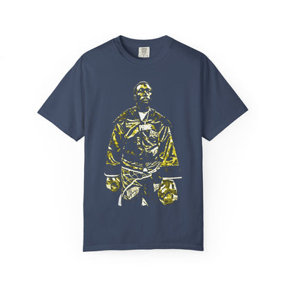 Premium Navy Blue cotton t-shirt featuring Terence "Bud" Crawford in championship boxing stance with gold and black graphic design. Undisputed welterweight champion merchandise showing Crawford in Everlast gloves and champion robe. High-quality screen printed boxing apparel for combat sports fans.