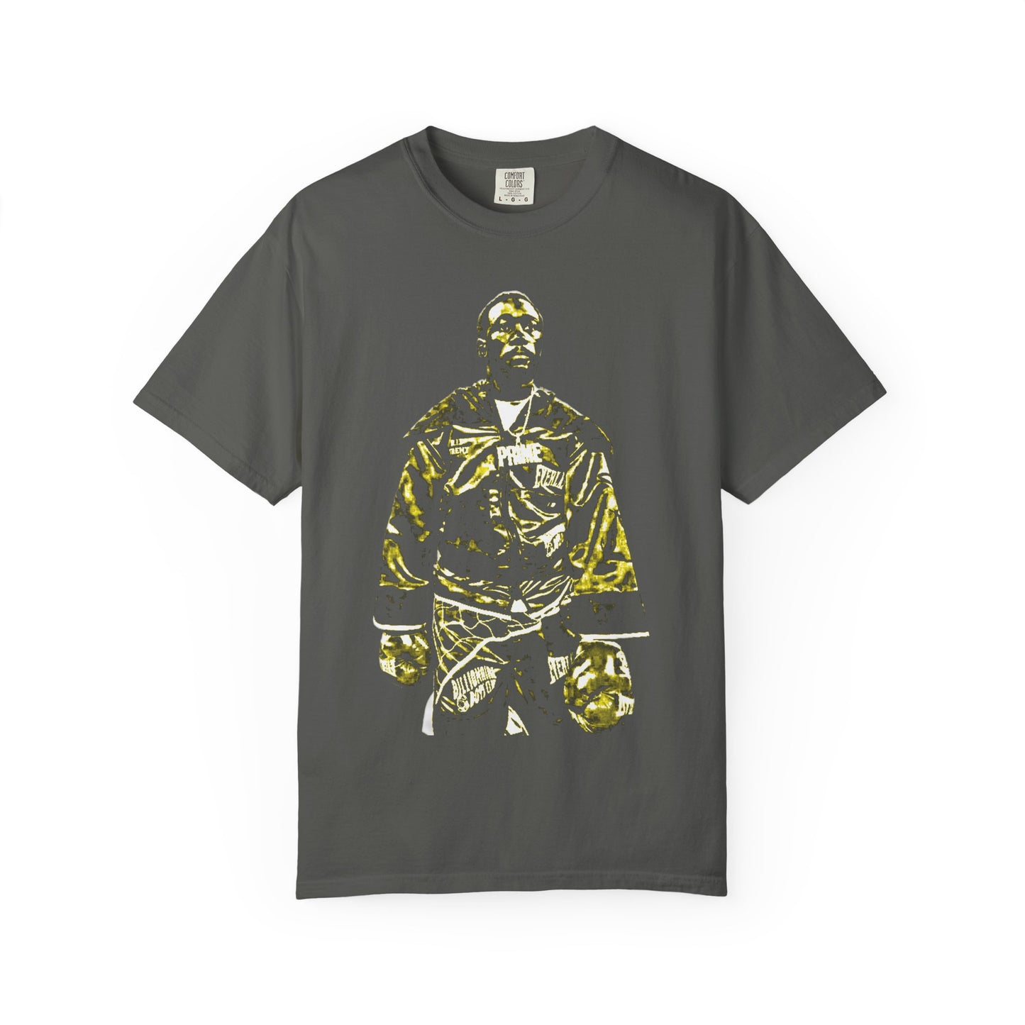 Premium Grey cotton t-shirt featuring Terence "Bud" Crawford in championship boxing stance with gold and black graphic design. Undisputed welterweight champion merchandise showing Crawford in Everlast gloves and champion robe. High-quality screen printed boxing apparel for combat sports fans.