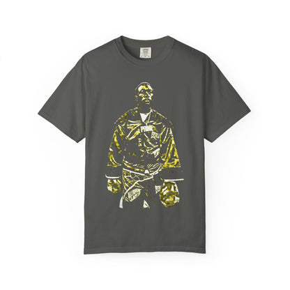 Premium Grey cotton t-shirt featuring Terence "Bud" Crawford in championship boxing stance with gold and black graphic design. Undisputed welterweight champion merchandise showing Crawford in Everlast gloves and champion robe. High-quality screen printed boxing apparel for combat sports fans.