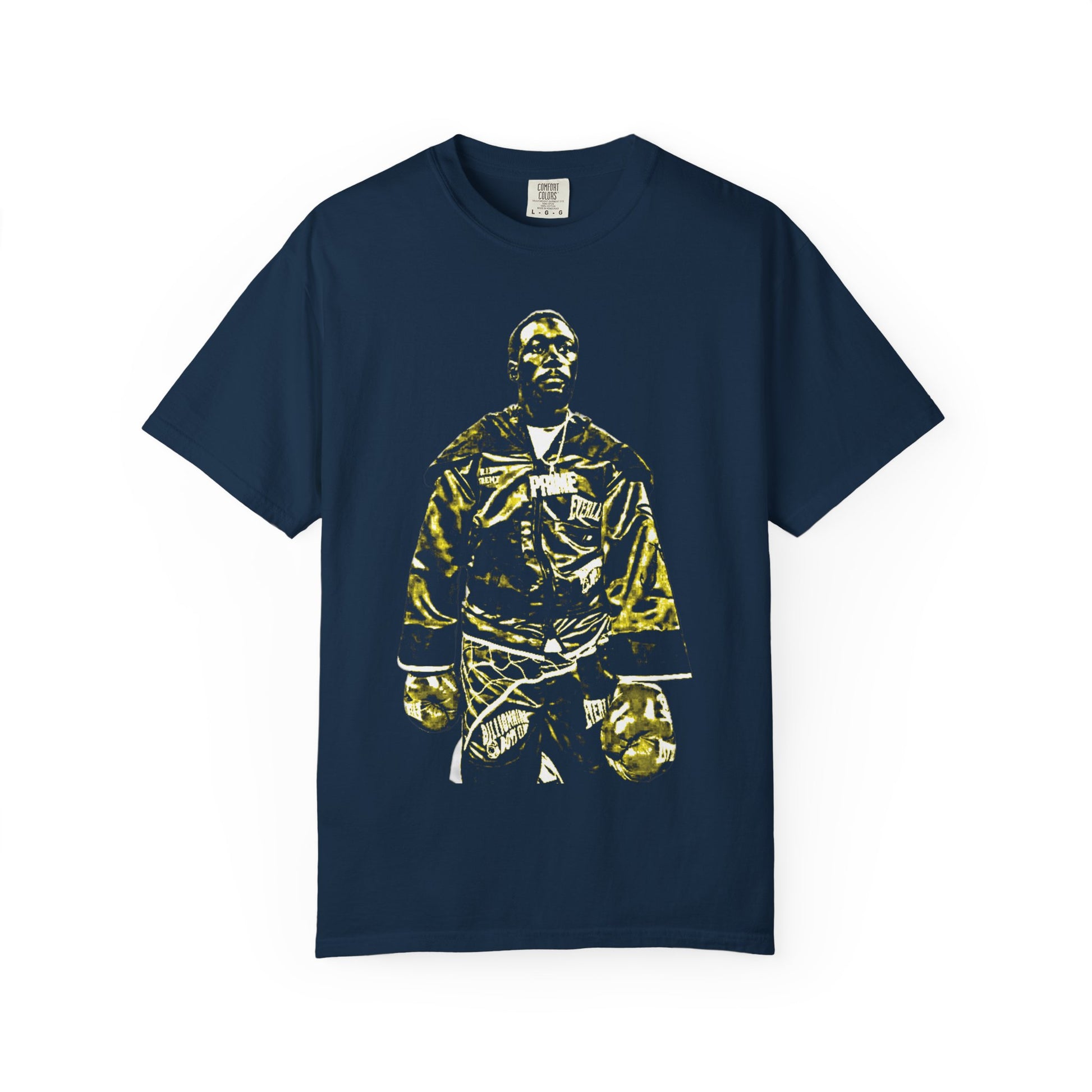Premium Navy cotton t-shirt featuring Terence "Bud" Crawford in championship boxing stance with gold and black graphic design. Undisputed welterweight champion merchandise showing Crawford in Everlast gloves and champion robe. High-quality screen printed boxing apparel for combat sports fans.