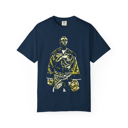 Premium Navy cotton t-shirt featuring Terence "Bud" Crawford in championship boxing stance with gold and black graphic design. Undisputed welterweight champion merchandise showing Crawford in Everlast gloves and champion robe. High-quality screen printed boxing apparel for combat sports fans.