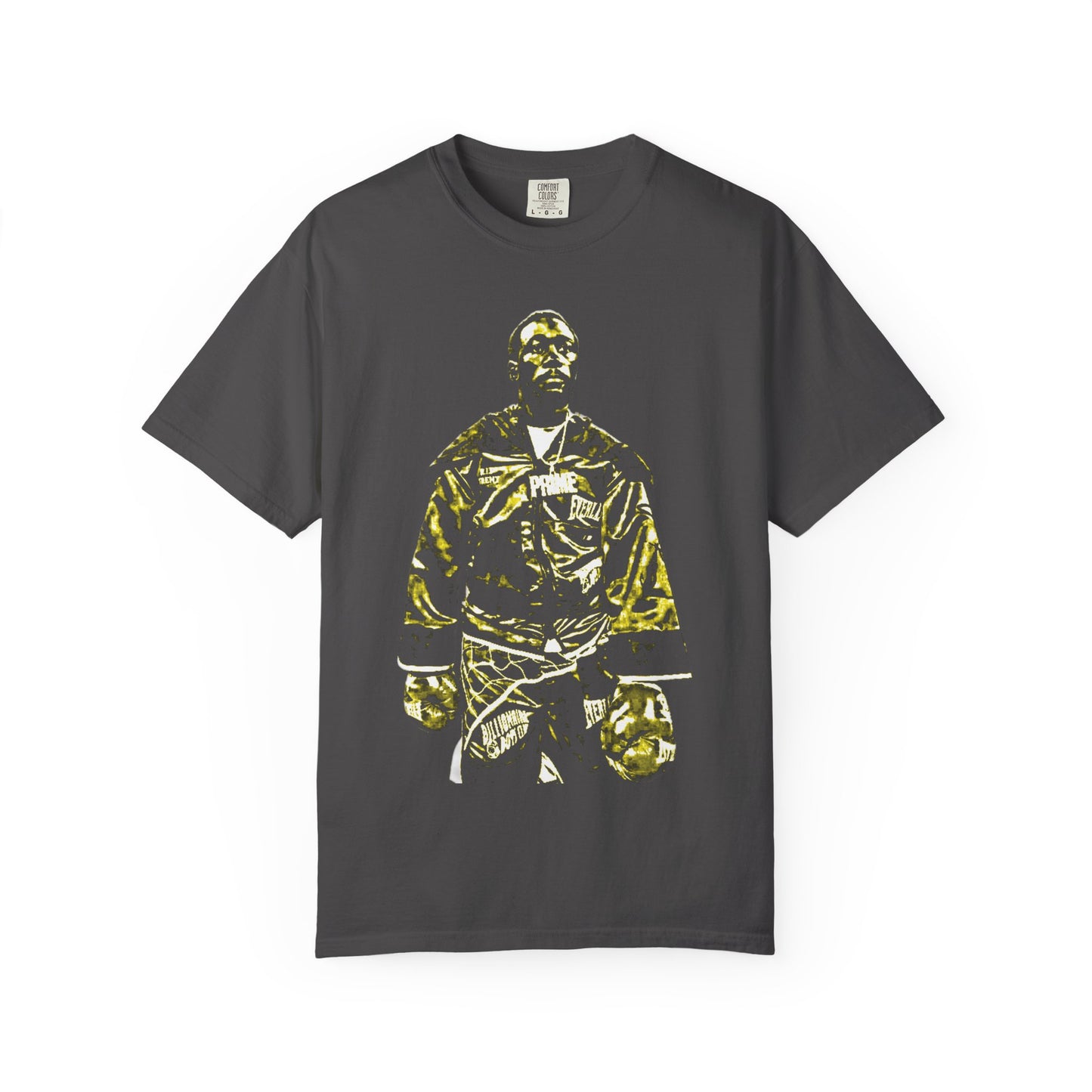 Premium Pepper cotton t-shirt featuring Terence "Bud" Crawford in championship boxing stance with gold and black graphic design. Undisputed welterweight champion merchandise showing Crawford in Everlast gloves and champion robe. High-quality screen printed boxing apparel for combat sports fans.