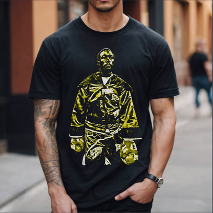 Premium black cotton t-shirt featuring Terence "Bud" Crawford in championship boxing stance with gold and black graphic design. Undisputed welterweight champion merchandise showing Crawford in Everlast gloves and champion robe. High-quality screen printed boxing apparel for combat sports fans.
