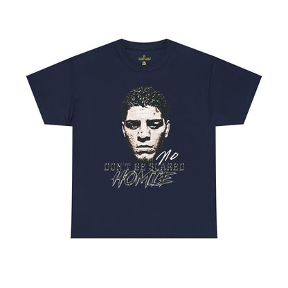 Front view image: Alt text: Front view of the Kings Origin Nick Diaz “Don’t Be Scared Homie” heavyweight black t-shirt.

Detail image: Alt text: Close-up of the big-face graphic on the Kings Origin Nick Diaz t-shirt.

Model image: Alt text: Male model wearing the Kings Origin Nick Diaz t-shirt.