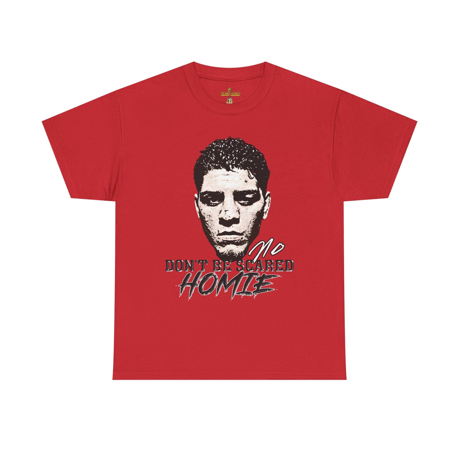 Front view image: Alt text: Front view of the Kings Origin Nick Diaz “Don’t Be Scared Homie” heavyweight black t-shirt.

Detail image: Alt text: Close-up of the big-face graphic on the Kings Origin Nick Diaz t-shirt.

Model image: Alt text: Male model wearing the Kings Origin Nick Diaz t-shirt.