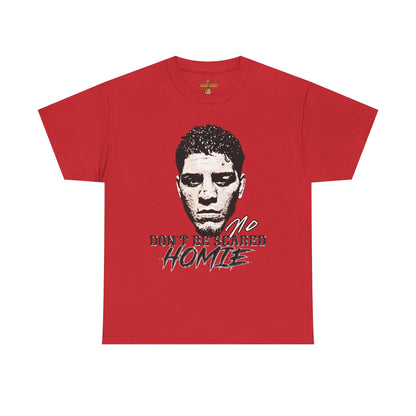 Front view image: Alt text: Front view of the Kings Origin Nick Diaz “Don’t Be Scared Homie” heavyweight black t-shirt.

Detail image: Alt text: Close-up of the big-face graphic on the Kings Origin Nick Diaz t-shirt.

Model image: Alt text: Male model wearing the Kings Origin Nick Diaz t-shirt.